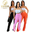2024 New Arrivals Women's Cotton Acid Wash Flare Cargo Pants Skinny Fit with Tassel and Fringe Casual Washed Ladies' Clothing