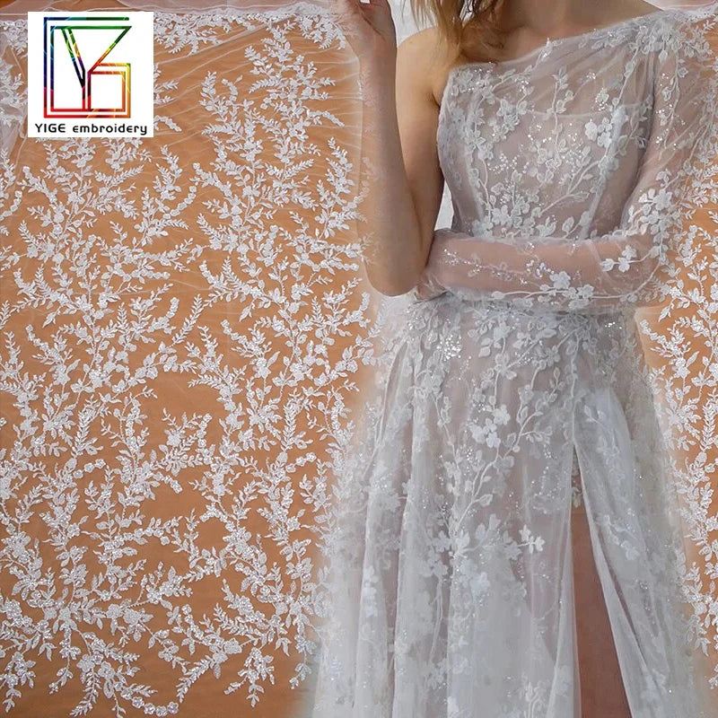 Luxury White Bridal Embroidery With Beads Mesh Lace Fabric French Beaded Sequins Tulle Lace Fabric For Wedding Dresses