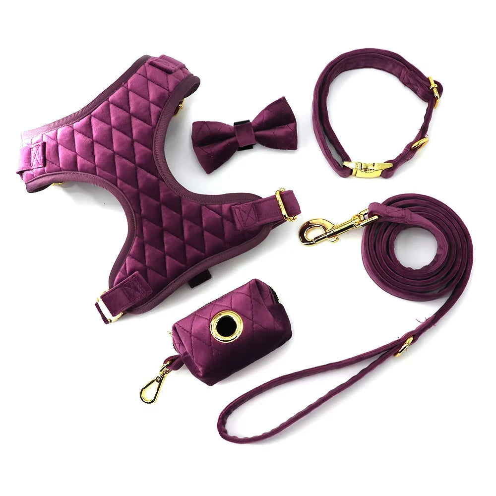 Customized Luxury Vegan Leather Dog Harness Leash Set Classic Adjustable Cat Collar Elegant Lace Decoration Soft Pet Accessory