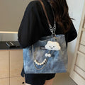 Large Capacity Women's Shoulder Bags Commuter Ladies Pu Leather Tote College Style Female Pearl Chain Handbag with Doll Pendant