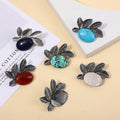 New Selling Healing Crystal Stone Pendant Stainless Steel Leaf with Oval Gemstone Charm Brooch Pendant