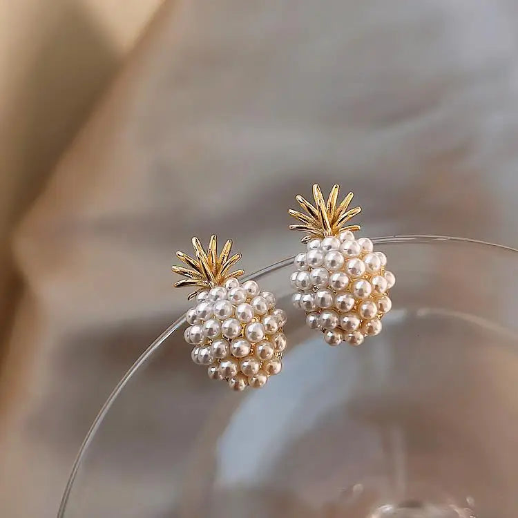French Retro Pin Earrings Personalized Gold Plated Earrings Pineapple Fruit Pearl Earrings