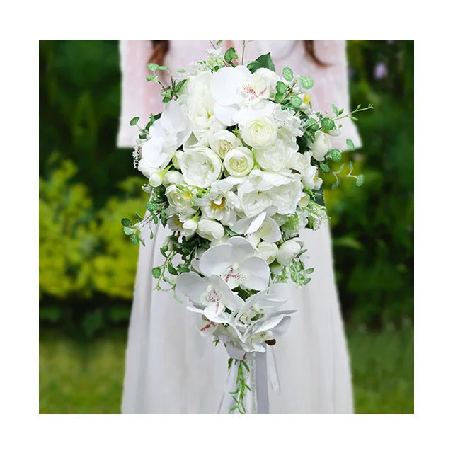 Ammy European Fresh White Simulation Rose Bouquet Wedding Decorative Flowers with Water Drop Design for Christmas Occasions