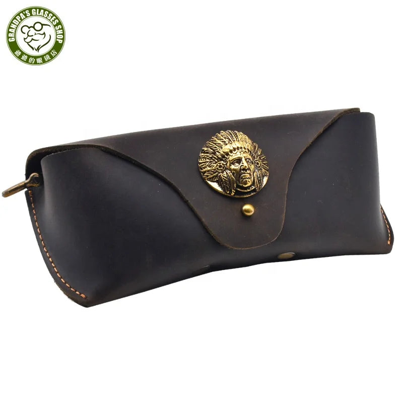 Handmade Luxury Classic Vintage Unisex Crazy Horse Cowhide Leather Eyeglasses Sunglasses Case Belt Loop Waterproof Durable