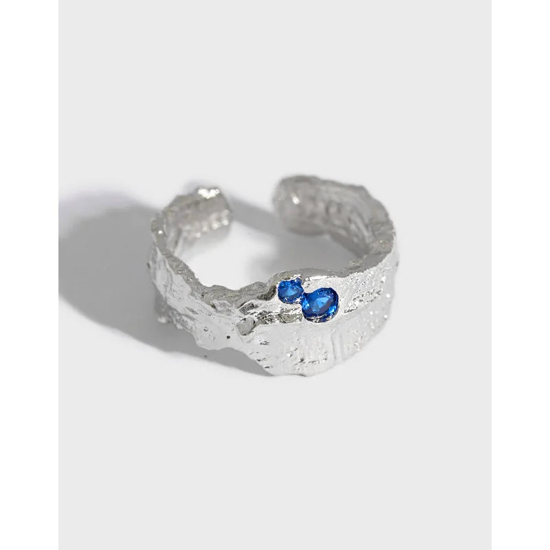 Classic Blue Zircon Paved 925 Sterling Silver Irregular Texture Open Wide Rings for Women Fine Jewelry