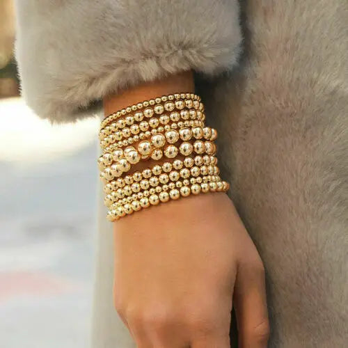 18k Gold Filled Bead Bohemian Gold Filled Beads Beaded Silver Stretch Stackable Elastic Bracelets Men Women 4 5 6 8 mm