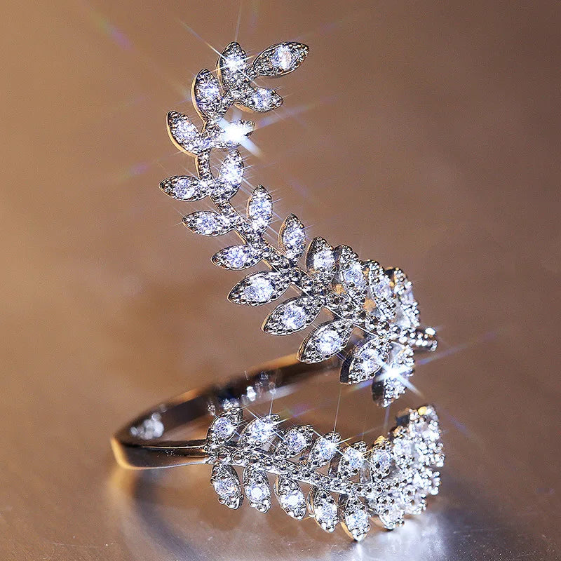 New Arrival Fashion Opening Ring Party Delicate Finger Ring Cubic Zirconia Adjustable Leaf Rings Women