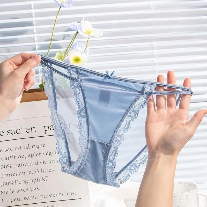 Sweet Girl Mesh Lace Underwear Low Waist Panties Women's Sexy Hollow Thin Belt Transparent Breathable Quick Dry Briefs