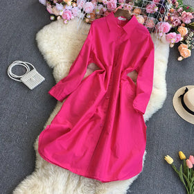 One Size Solid Color Curved Mid Length Shirt Single Breasted Long Sleeved Shirt Casual Lapel Shirt