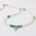 Fashion 18k Gold Women's Glass Pearl Bead Necklace With Gold Cross Pendant