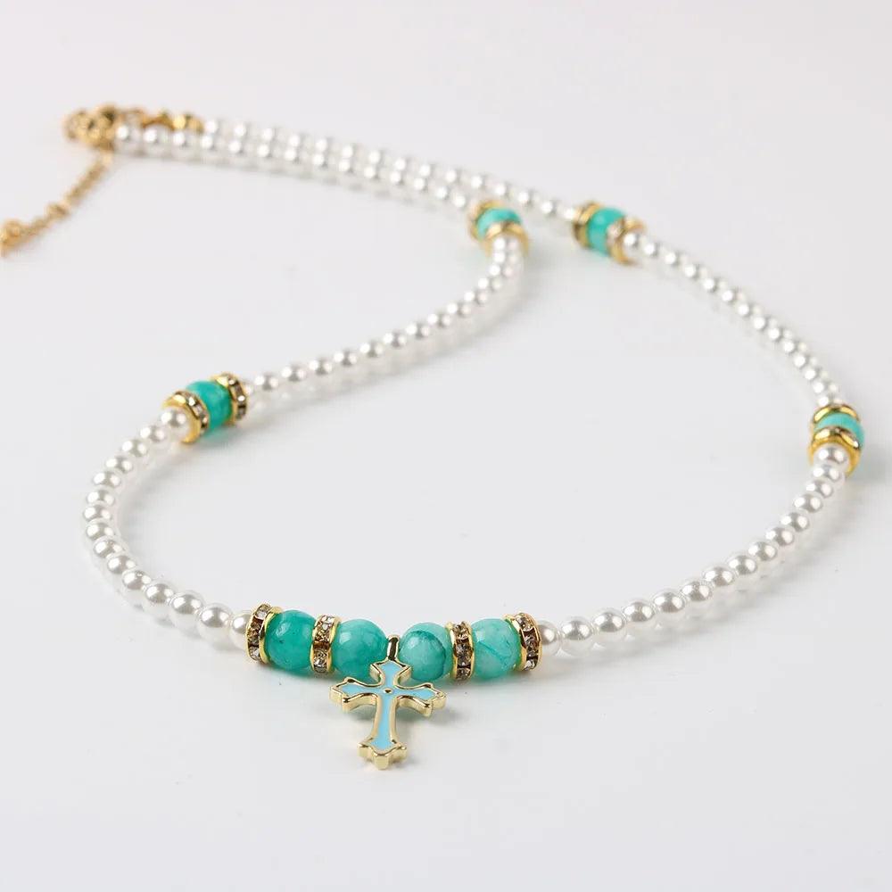 Fashion 18k Gold Women's Glass Pearl Bead Necklace With Gold Cross Pendant