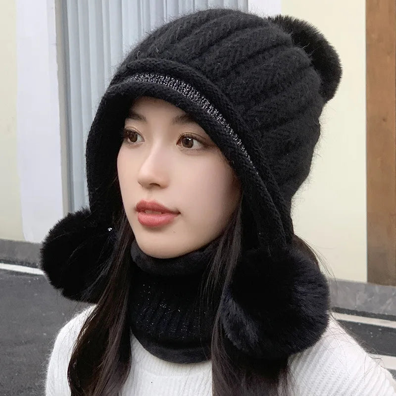 Autumn and Winter Big Head Girth Warm Wool Ear Hat Women's Korean Silver Knitted Hat Thickened with Wool Warm Hairball Hat