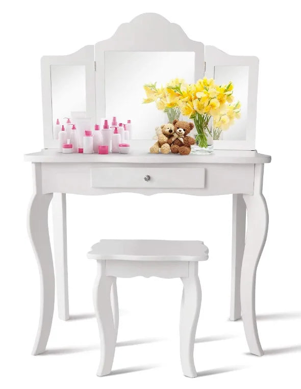 Princess Makeup Dressing Table with Pull-Out Drawer Wooden Beauty Dressers for Little Girls