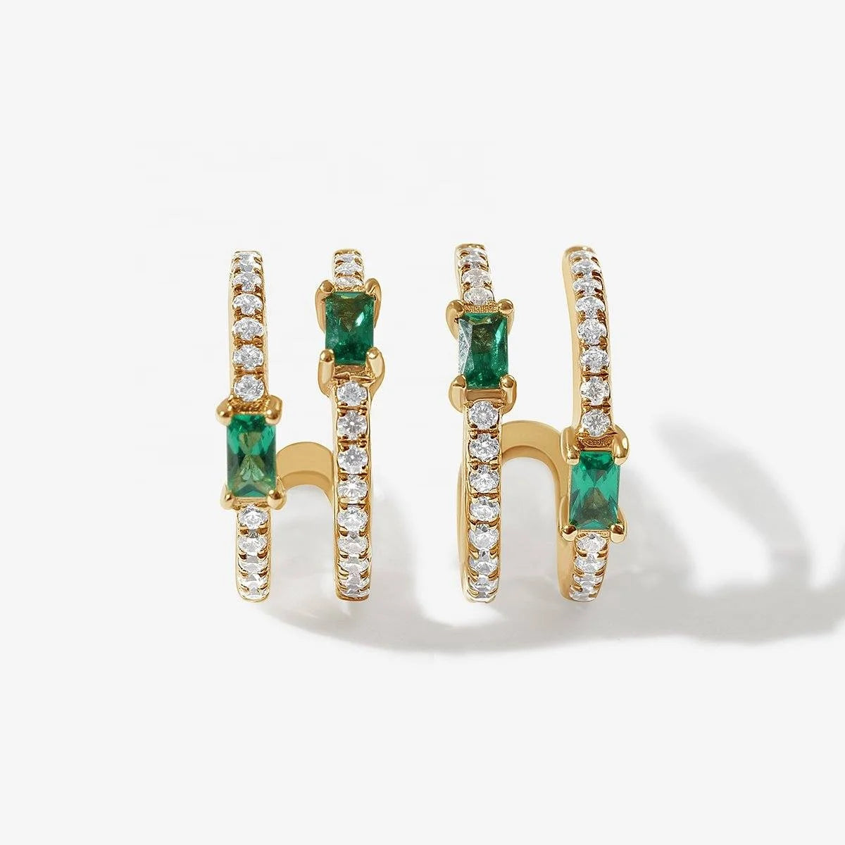 LOZRUNVE Gold Jewelry Emerald Crystal Baguette Cubic Zirconia Double Huggie Hoop Earring Sterling Silver 925