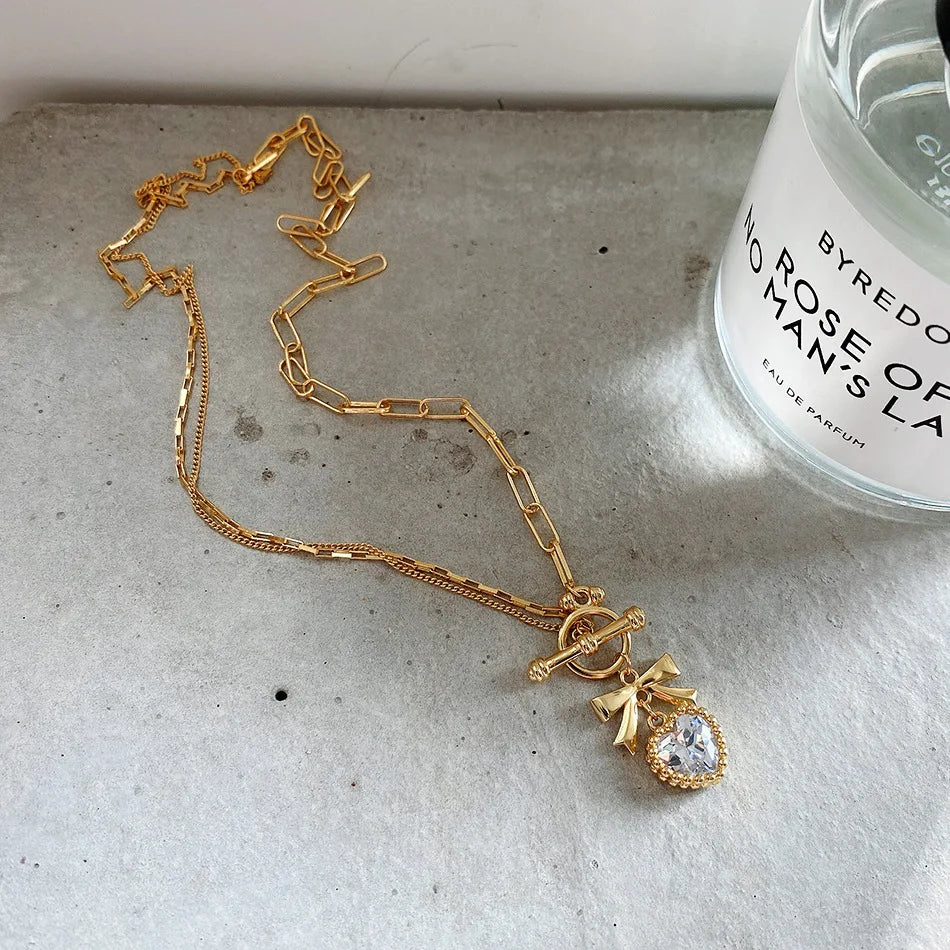 VIANRLA Dainty Double Layered Paper Clip Chain Necklace 925 Sterling Silver Heart Necklace