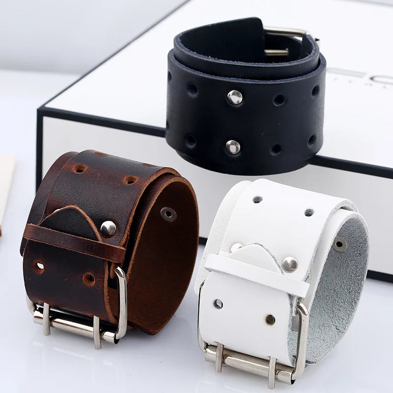 Punk Style Men's Wide Leather Bracelet: Edgy and Individualistic Accessory for Performances Motorcycle Riding