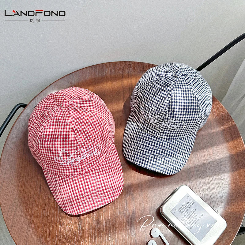 Landfond Embroidered Cotton-Linen Plaid Parent-Child Baseball Caps