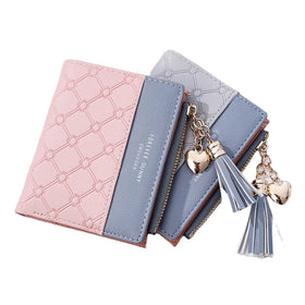 Hotsale Womens Tassel Short Slim PU Wallet Splicing Collision Pink Gray Color Card Wallet for Wedding Gifts Lady Zipper Wallet