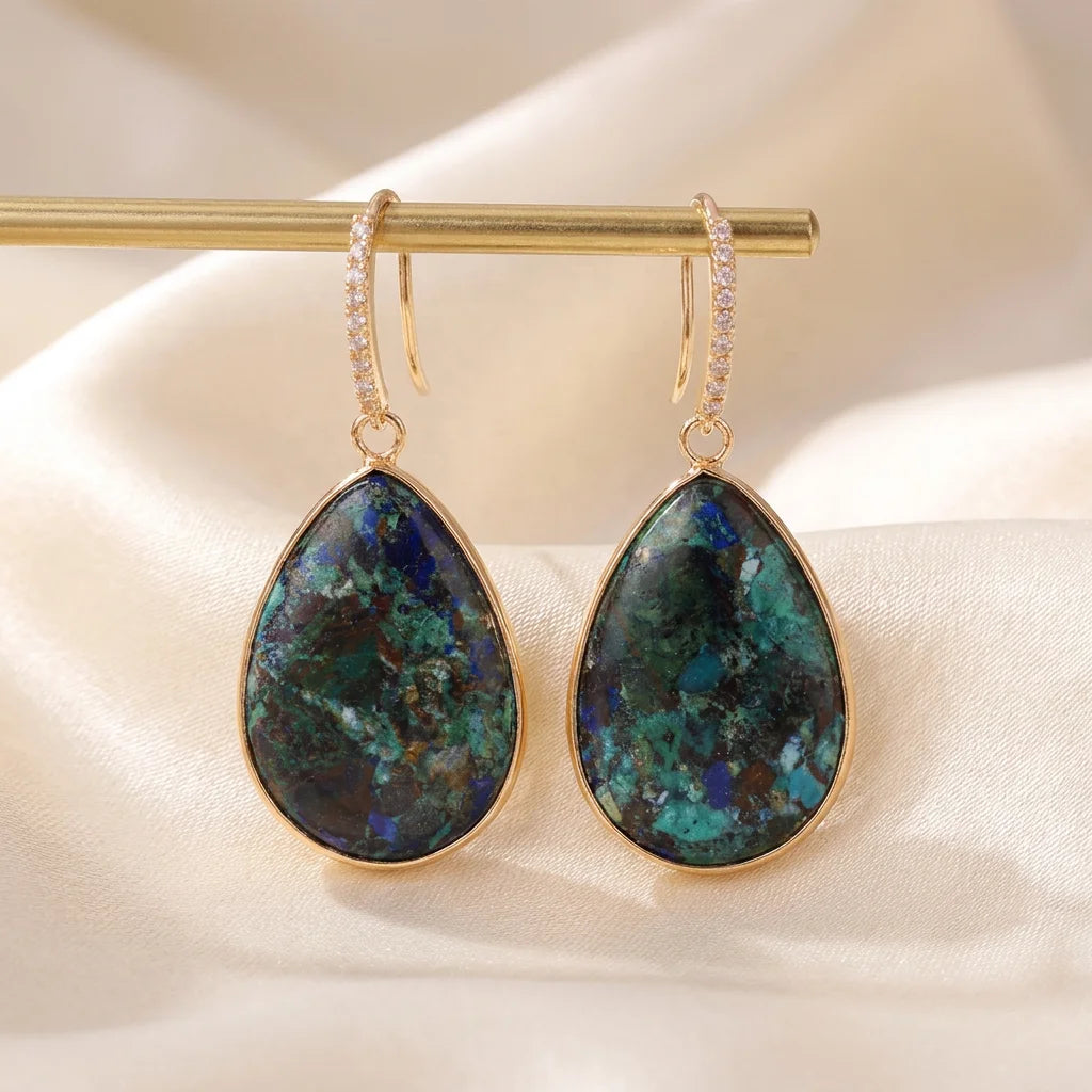 YueTong Natural Stone Chrysocolla Teardrop Dangle Drop Earrings Stud Ethnic Zircon Gold Hook High End Jewelry Wholesale