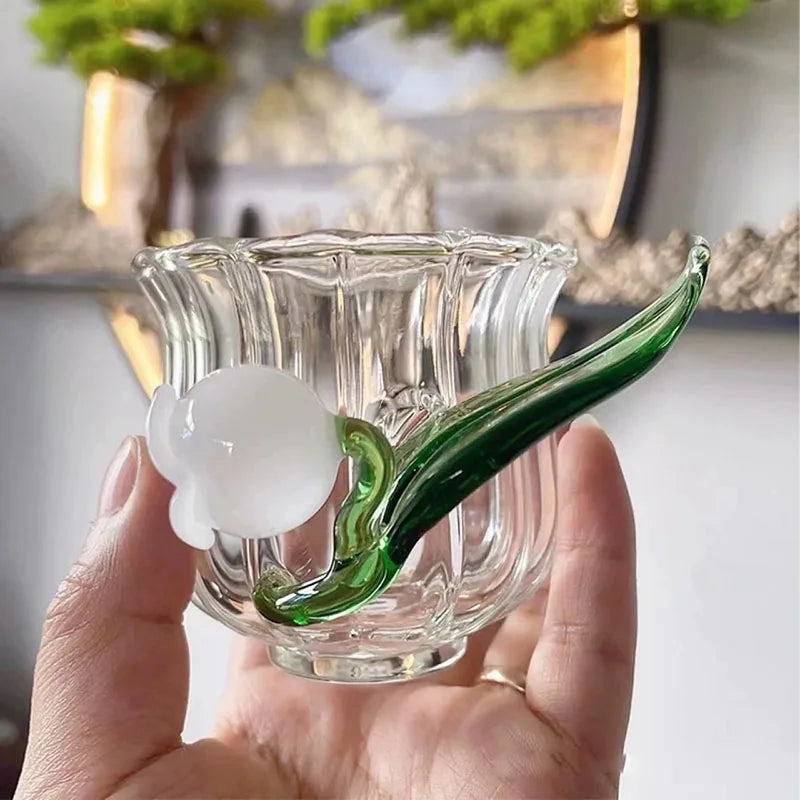 Japanese Handmade Retro White Lily of the Valley Glass Cup INS Unique Glass Teacup