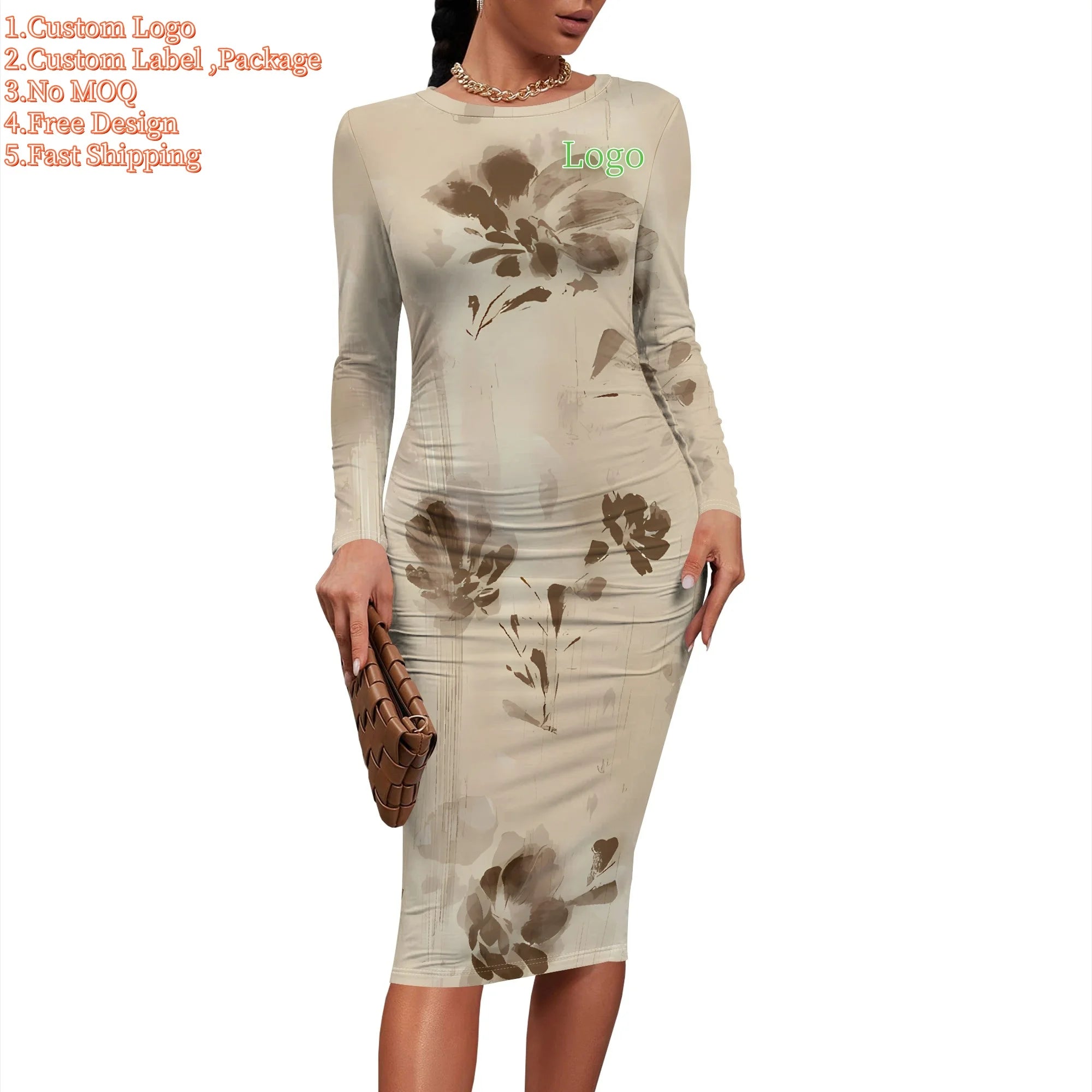 Custom Logo O-Neck Linen Nonwoven Midi Dress Long Sleeves Casual Office Digital Printing Washable Empire S for Autumn for Summer