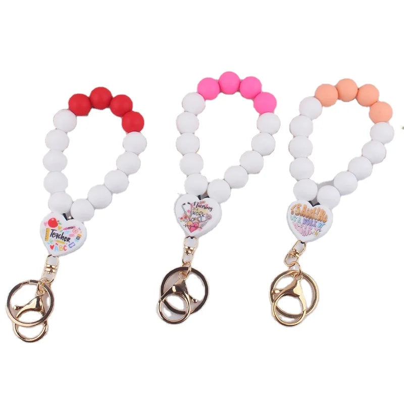 Cartoon Style Silicone Bead Keychain Teacher Nurse Gift Key Ring Holder with Wristlet Car Purse Backpack Bag Ornament