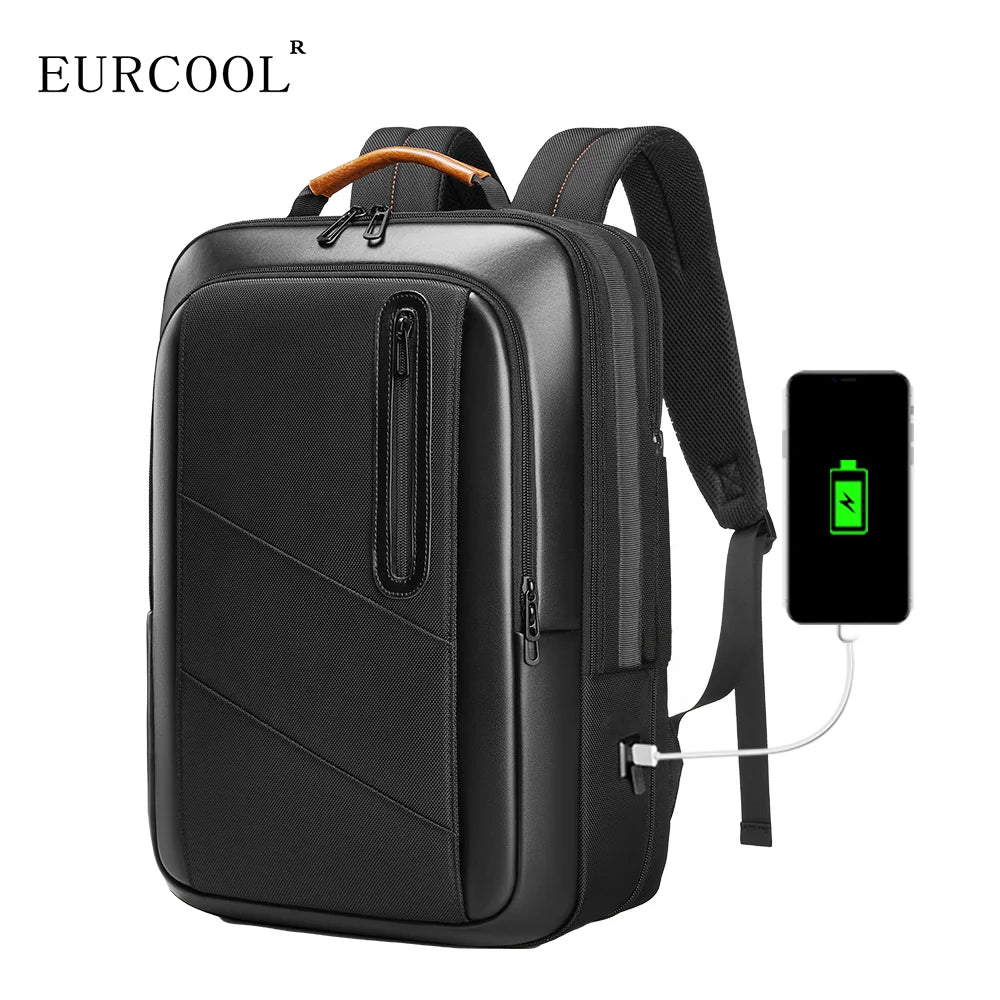 Eurcool Custom Business Backpack PU Leather and Waterproof Polyester with USB Anti Theft Smart Business Laptop Backpack for Men