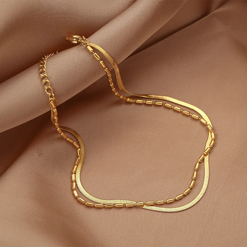 No Fade 18K Gold Plating Snake Chain Ankle  Stainless Steel Adjustable Double Layered Beaded Chain Anklet