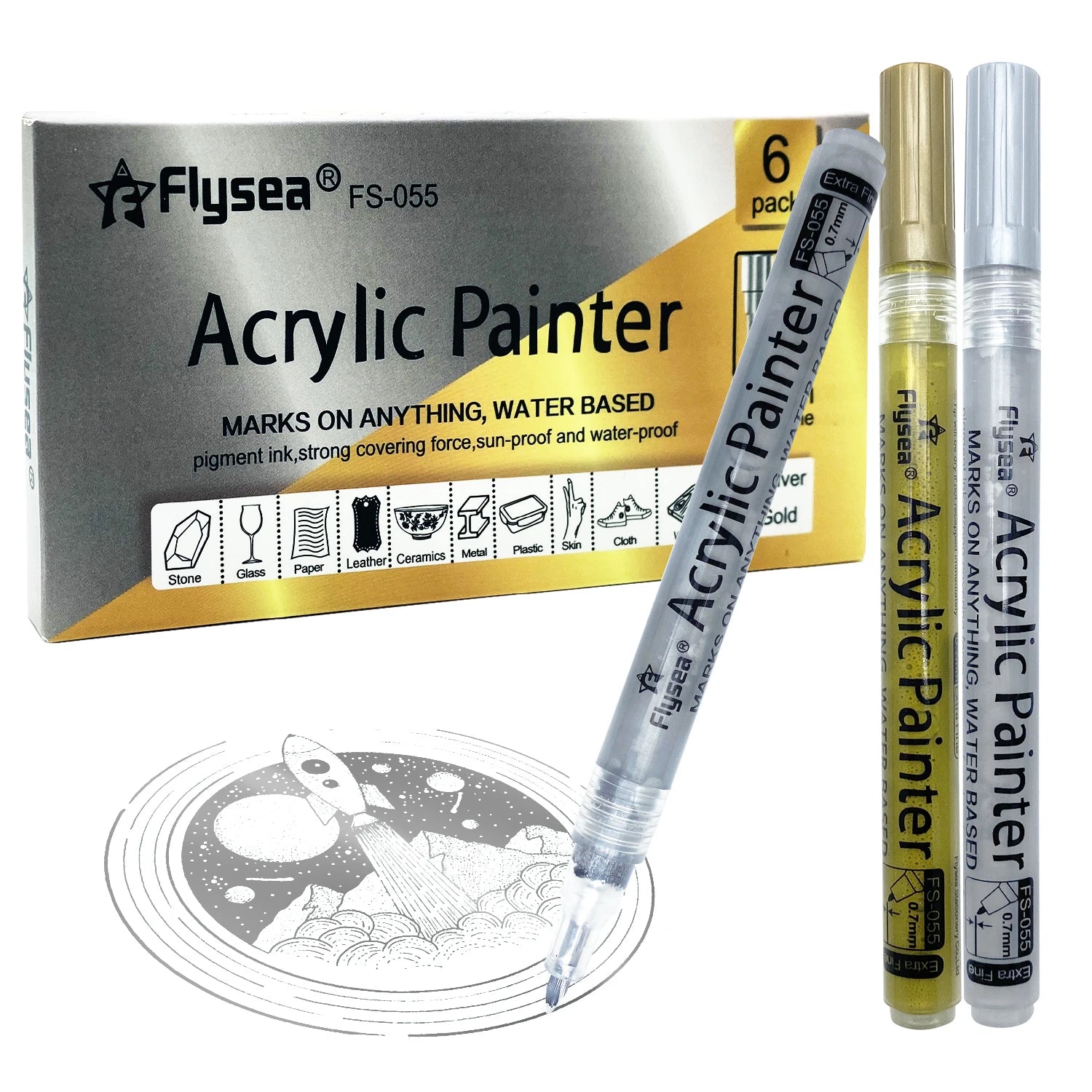 Flysea Acrylic Paint Markers 3 Gold 3 Silver Permanent Paint Pens for Plastic Glass Ceramic Wood Cloth Rubber Rock