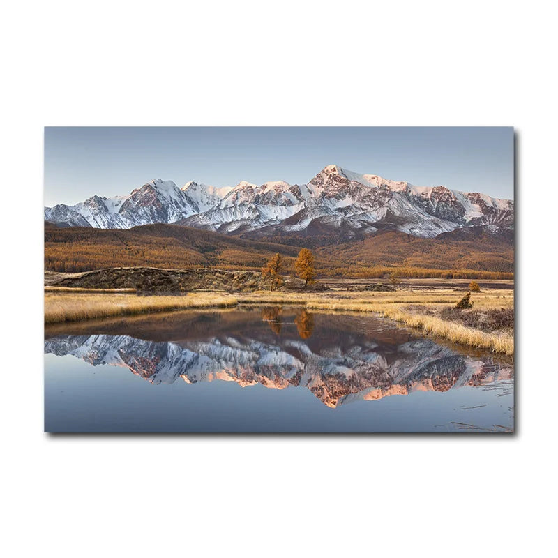 Hongya National Park Watercolor Canvas Wall Art Snow Mountain Lake Landscape Poster Nature Sunset Pictures Living Room Bedroom