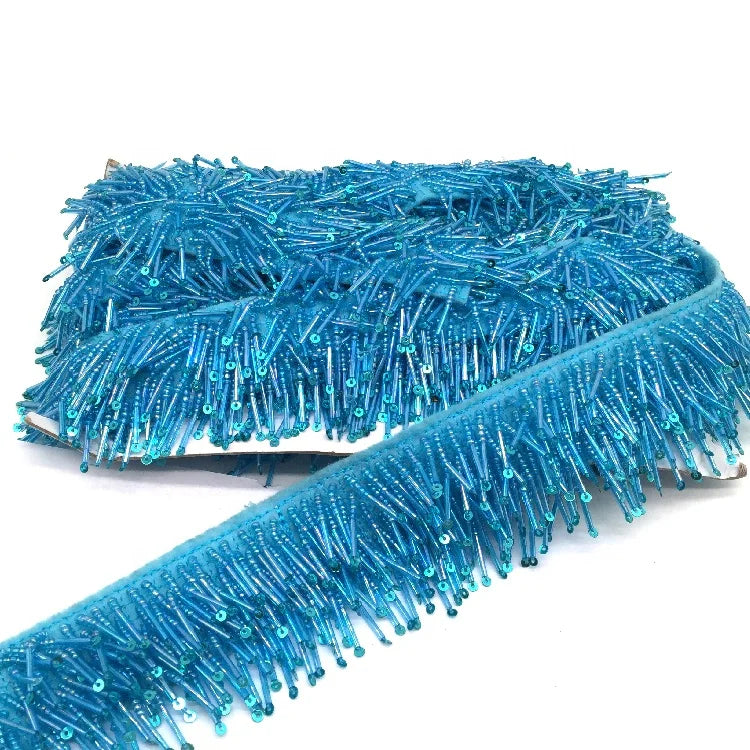 Handmade Beaded Lace Blue Fabric Sequins Beaded Banding Trims for Garment Accessories