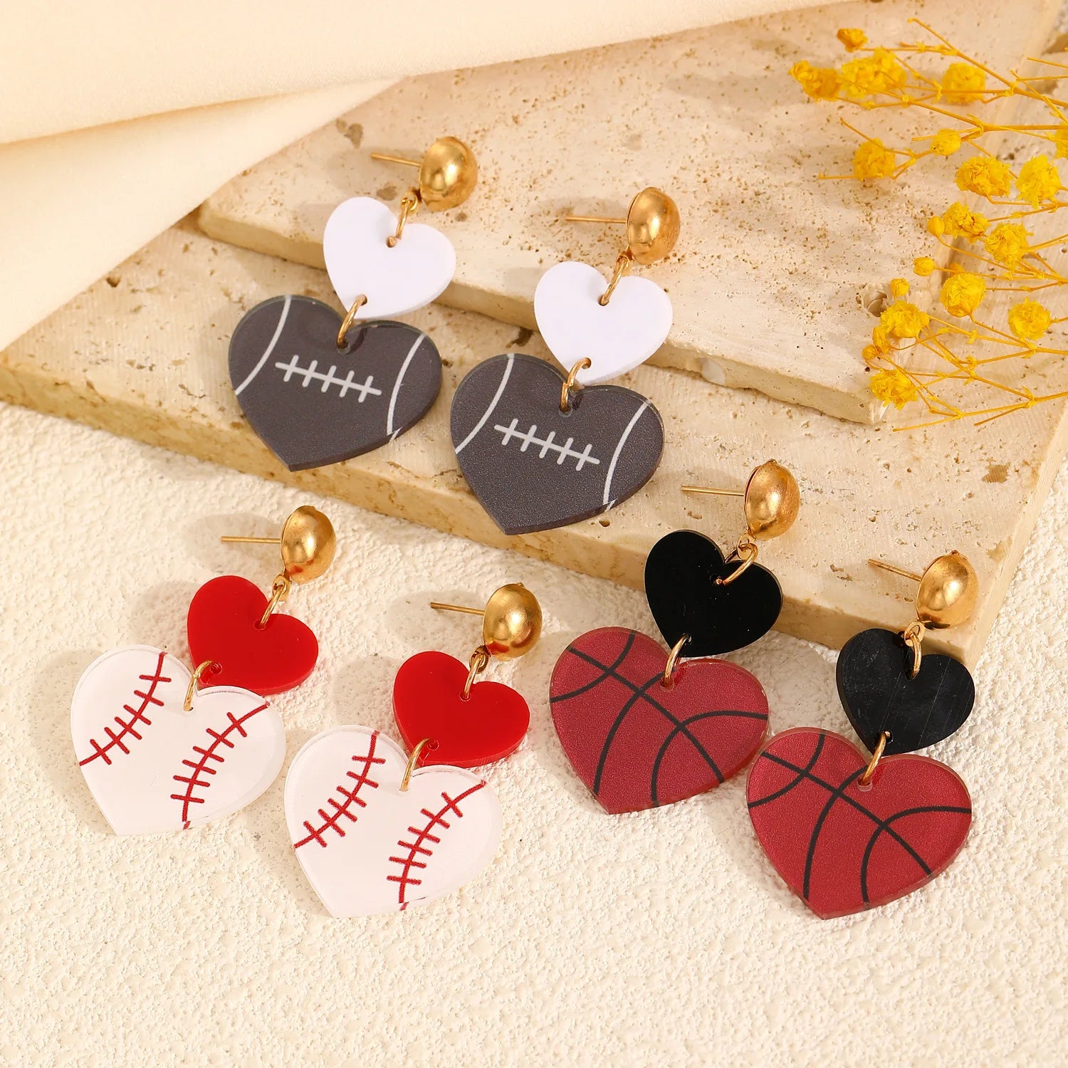 Vintage Sports Acrylic Rugby Baseball Basketball Football Charms Stud Earrings Trendy Double Love Heart Jewelry Gifts Earrings