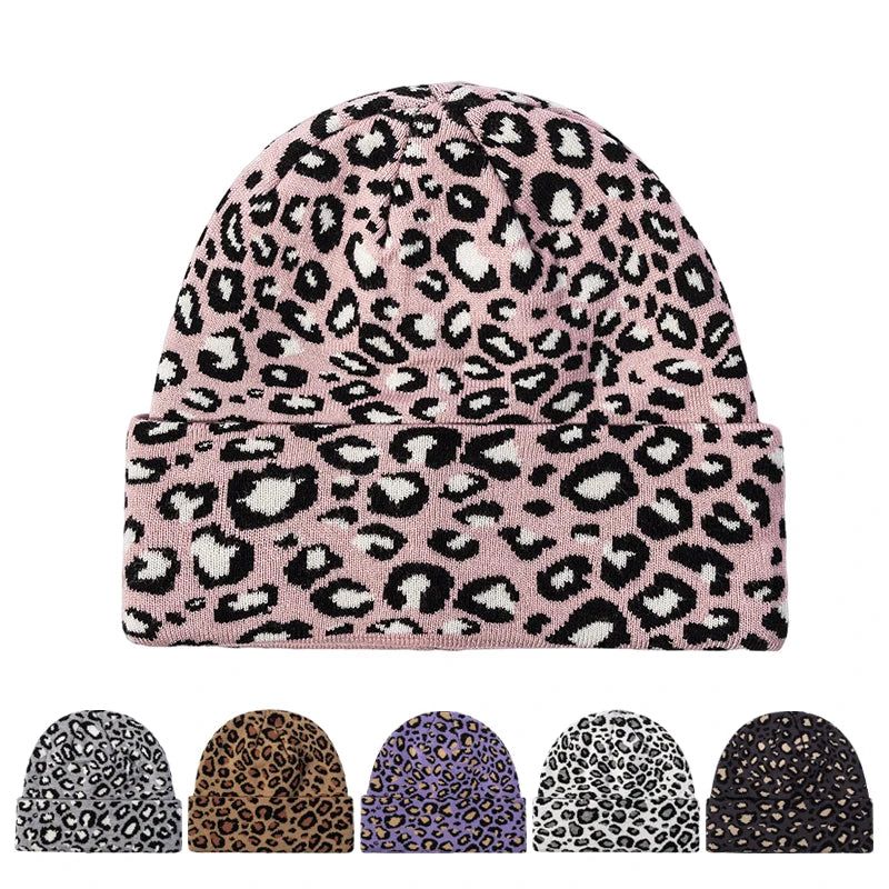 Warm Winter Women Soft Knitted Cuff Beanie Hat With Leopard Print Pattern