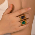 Wholesale Trendy Vintage Hollow 18K Gold Plated Stainless Steel Natural Stone Rings for Women