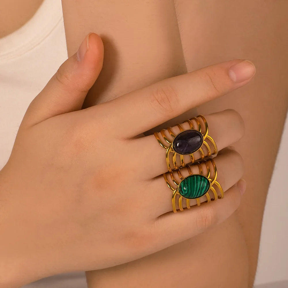 Wholesale Trendy Vintage Hollow 18K Gold Plated Stainless Steel Natural Stone Rings for Women