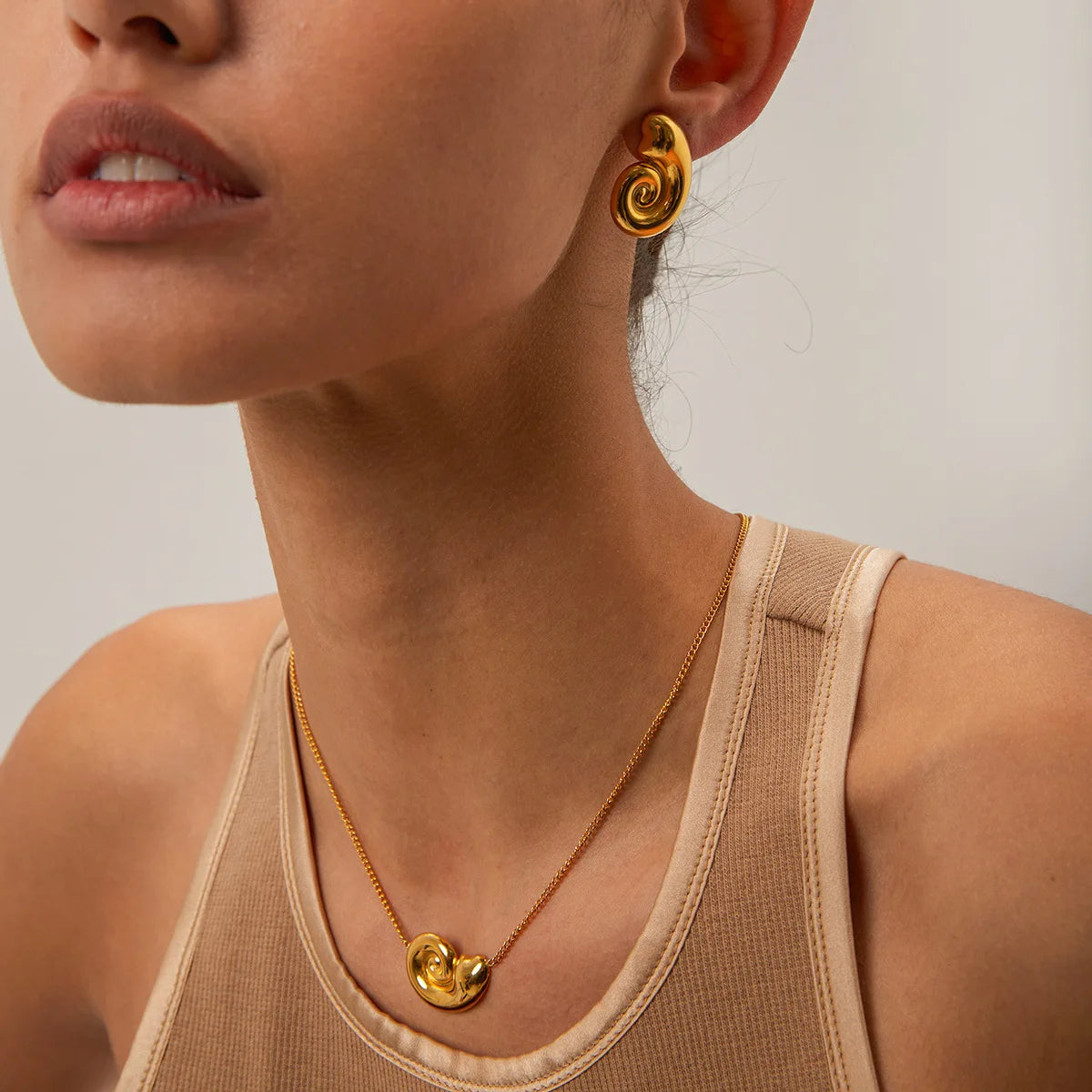 HOVANCI Tarnish Free Waterproof Beach Shell Gold Irregular Jewelry for Women Conch Spiral Circle Necklace Earring
