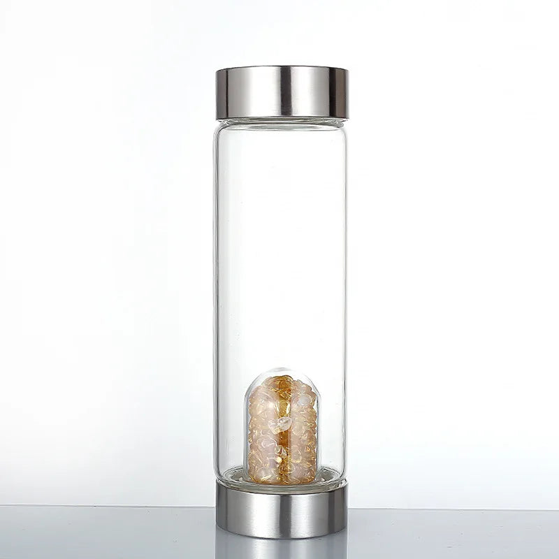 2022 Customized Gemstone Quartz 550ml Elixir Crystal High Borosilicate Glass Water Bottle for Travel
