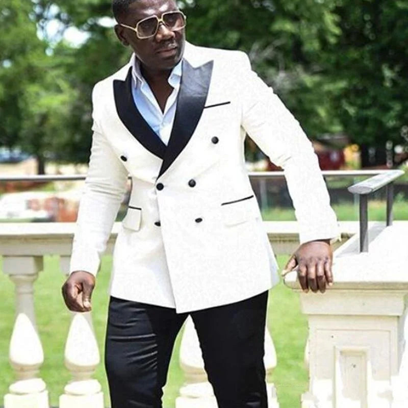 White Handsome Double Breasted Mens Wedding Tuxedos Groom Groomsmen Tuxedos Man Blazers Jacket Excellent 2 Piece Suits