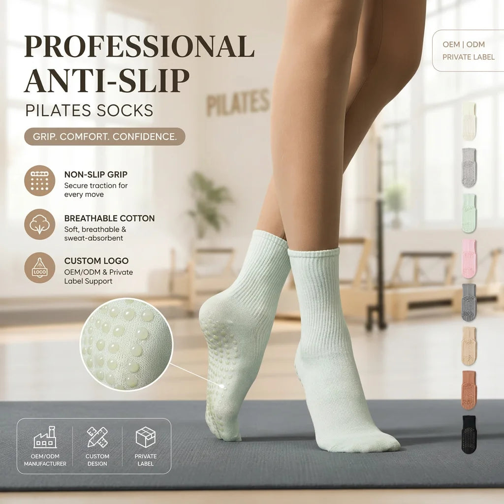 Wholesale Professional Anti Slip Pilates Socks With Grip Women Ribbed Cotton Yoga Crew Socks