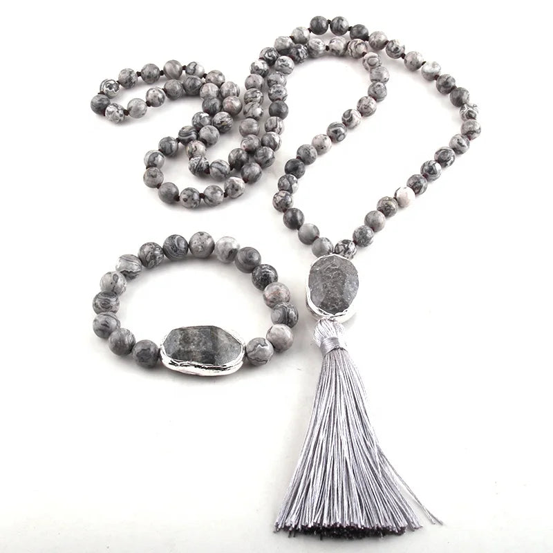 Fashion Amazonite Jewelry Set Map Stone Natural Stone Facet Stone Link Tassel Necklace Bracelet Set