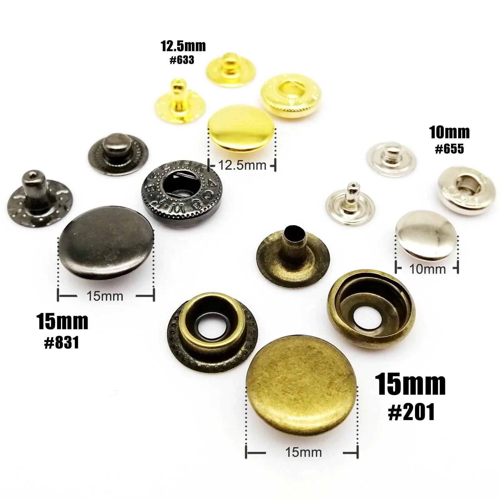 10/12.5/15mm #633 655 831 201 Metal Sewing Press Fastener Snap Button Popper Leather Bag Clothes Jacket Coat Repair
