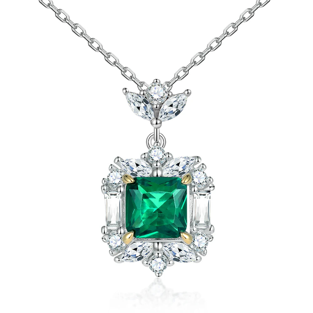 925 Silver Jewelry Square Gemstone Jewelry  Emerald Cubic Zirconia Pendant Necklace