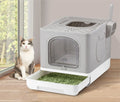 AFP Large Space Enclosed Cat Litter Box Enclosure Top Front Entry Cat Toilet Foldable Collapsible Grey Cat Sand Tray With Scoop
