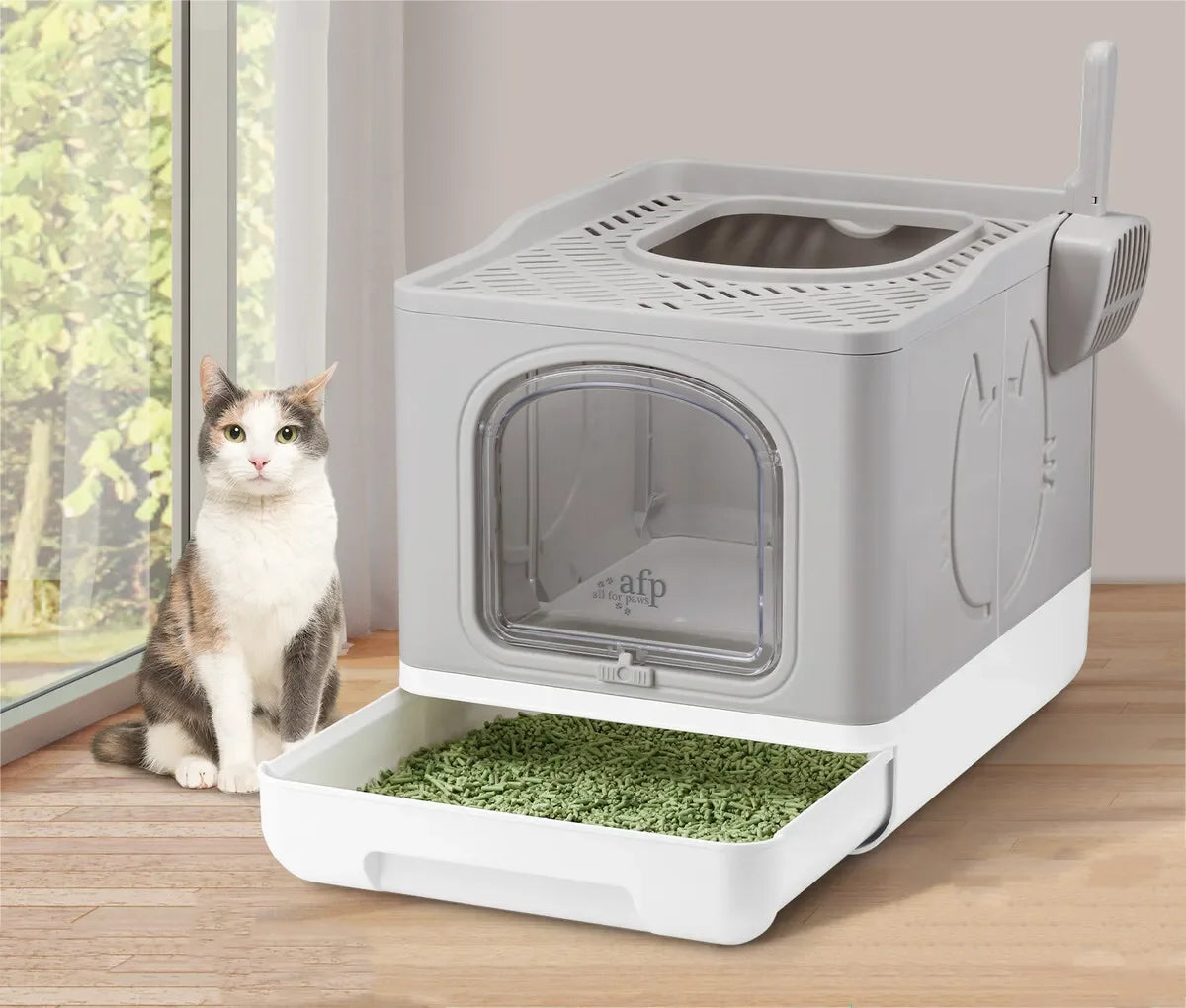AFP Large Space Enclosed Cat Litter Box Enclosure Top Front Entry Cat Toilet Foldable Collapsible Grey Cat Sand Tray With Scoop