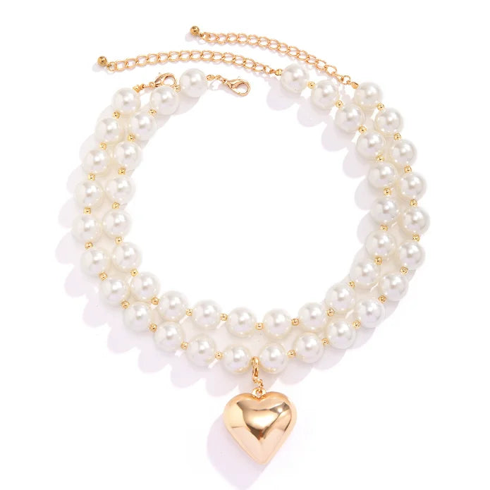 Multilayer Elegant Big Imitation Pearl Chain Necklace for Women Vintage Metal Gold Color Love Heart Pendant Choker Jewelry Wed