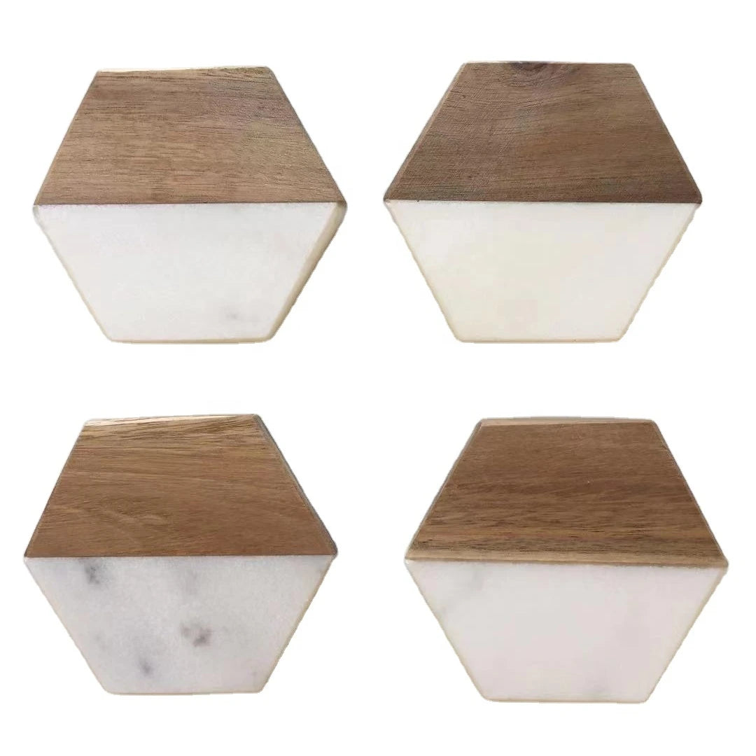 Factory Direct Hexagon Natural Marble Combined Acacia Wood coaster