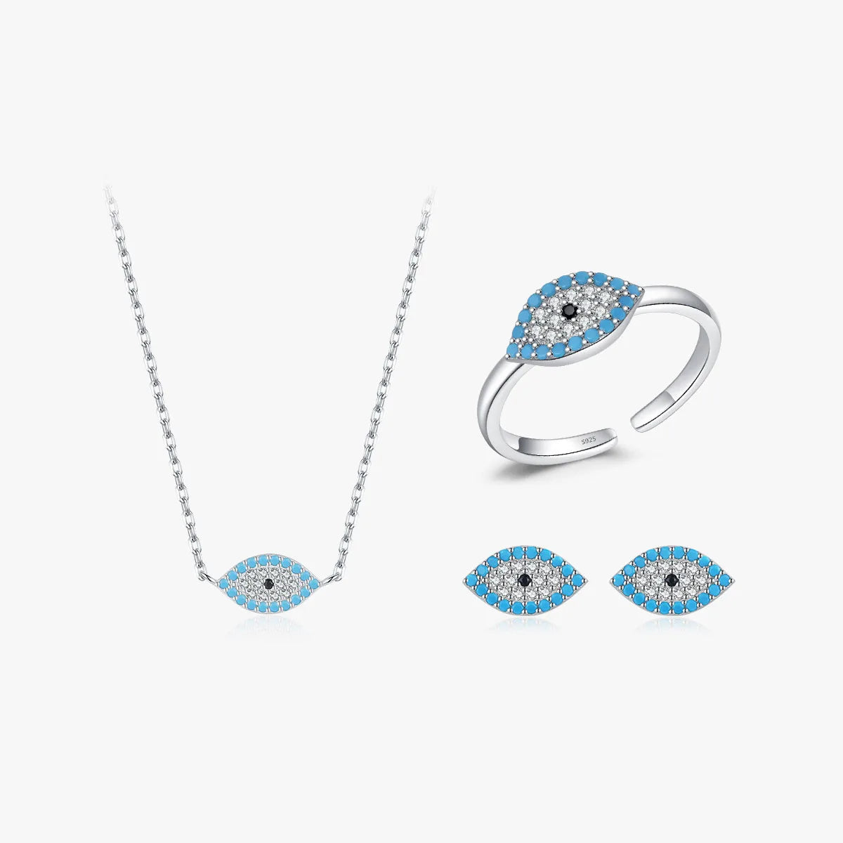 Europe Fashion INS Pure 925 Sterling Silver Turquoise Turkish Eye Shaped Earrings Necklace Ring Jewelry Sets for Women Girls