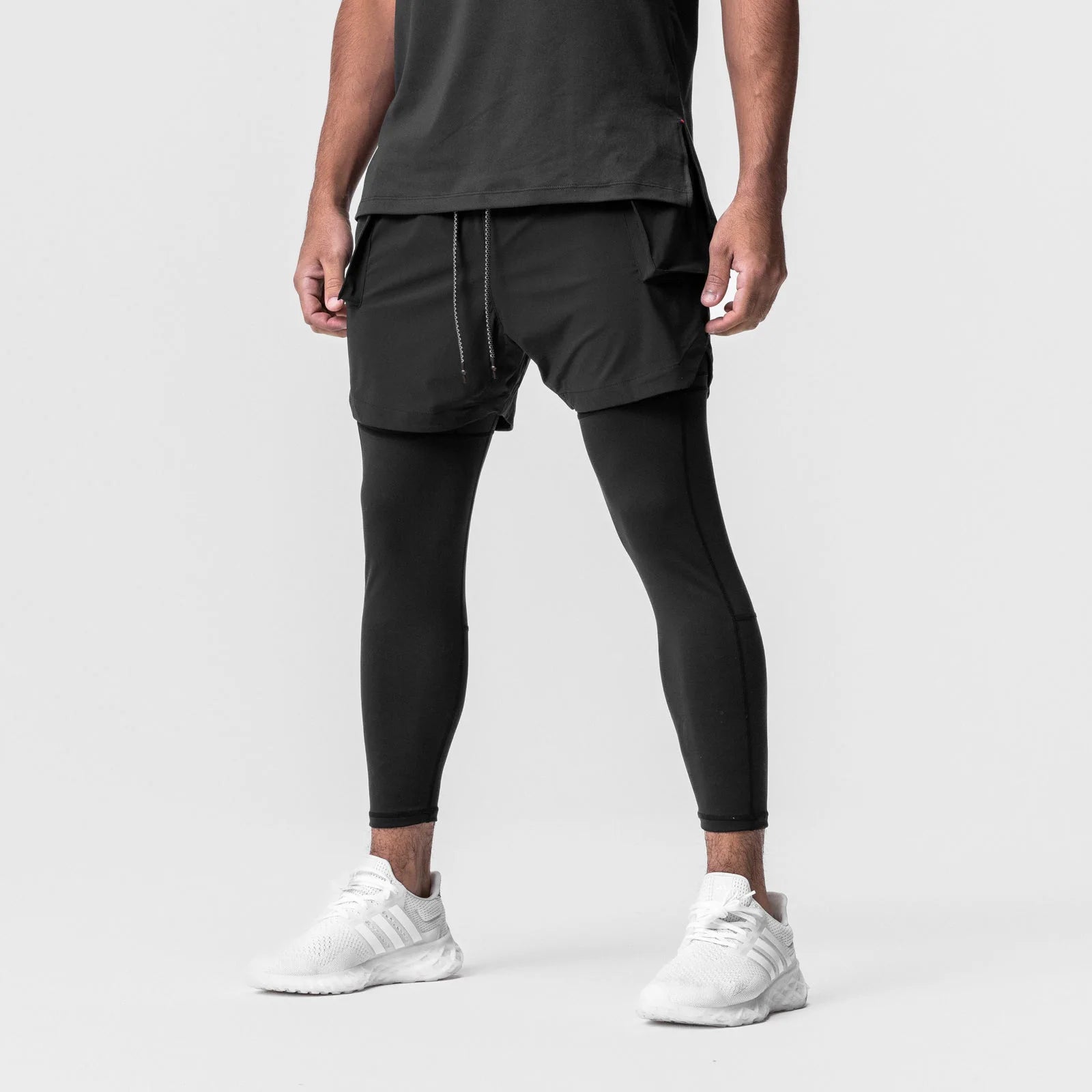 Men's Yoga Pants Legging Mock Two-Piece Fitness Training Stretch Quick Dry Trousers Skinny Stretch Ankle Pants