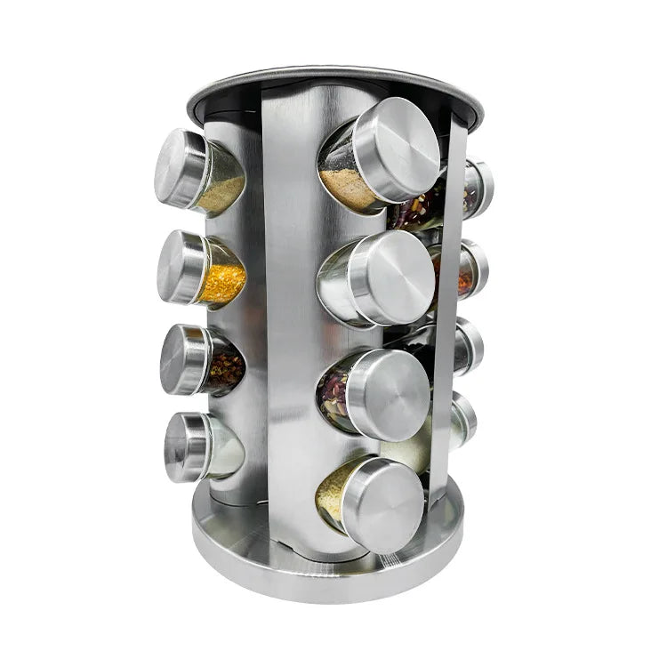 16pcs Revolving Glass Spice Jar Rack Storage Organizer Multipurpose Standing Type Metal Rack Easy Rotating Spice Rack