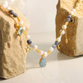 GT Geometric Natural Stone Pendant Stainless Steel Beads Fresh Water Pearls Necklace